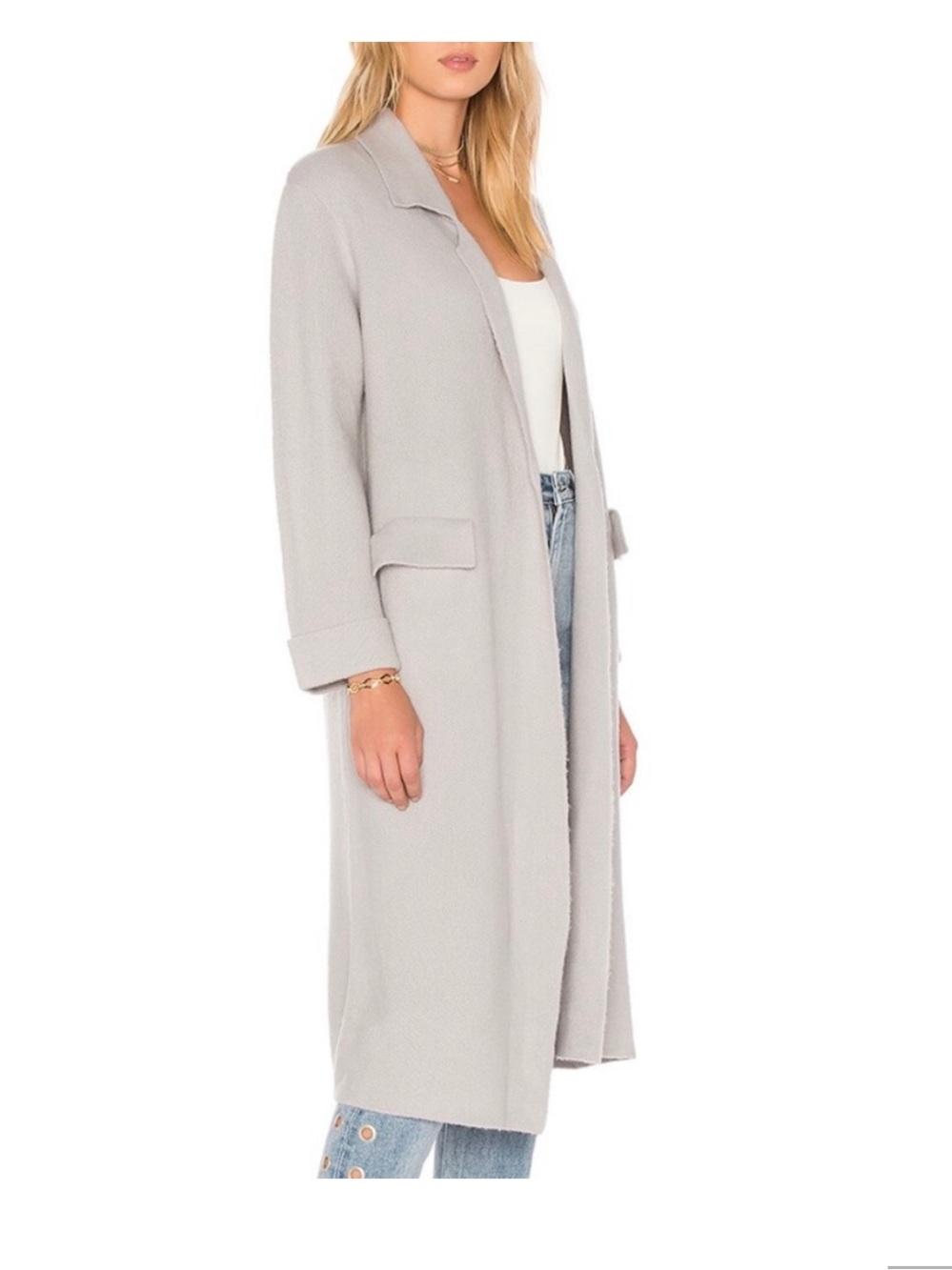 Line + Dot Long Open-Front Women’s Sweater Cardigan Duster in Light Gray Small